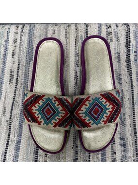 Donald Pliner Womens Purple & Gold Embellished Sandals Beaded Aztec Design 8
